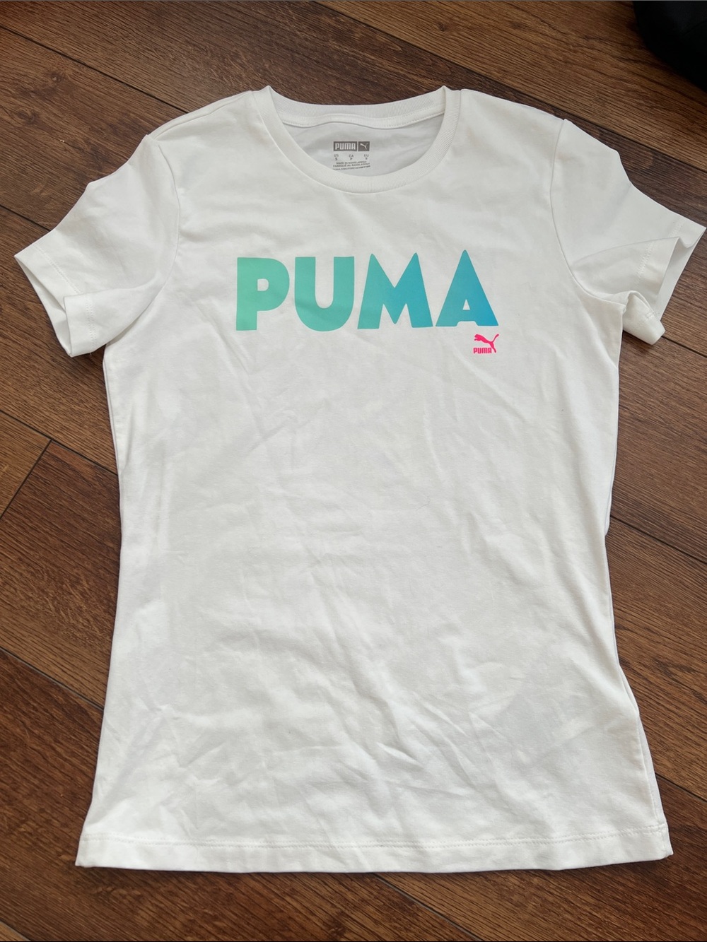Puma White Tee with Aqua-to-Teal Gradient Logo